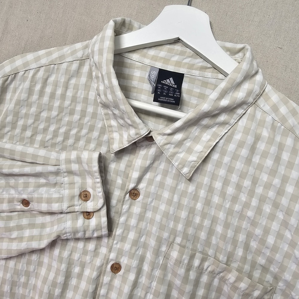Vintage 06 Adidas Clima365 Men's XL Nano-Tex Beige Gingham Plaid Check Button Up